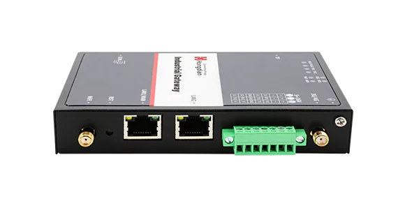 Hongdian industrial IoT gateway with dual Ethernet ports and green terminal block