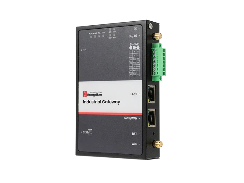 Hongdian industrial IoT edge gateway with dual LAN ports and labeled front panel