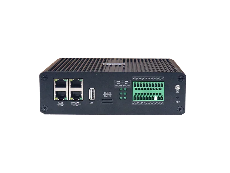 Hongdian industrial IoT gateway with multiple LAN ports, USB, SIM slots, and green terminal blocks.