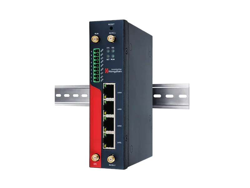 Hongdian industrial IoT router mounted on DIN rail with multiple LAN ports and connectors