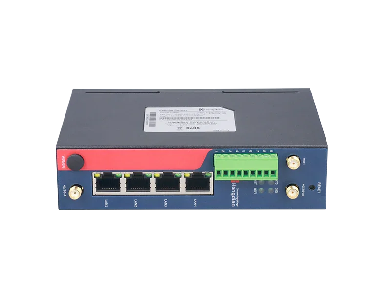 Hongdian industrial IoT router with multiple Ethernet ports and green terminal blocks