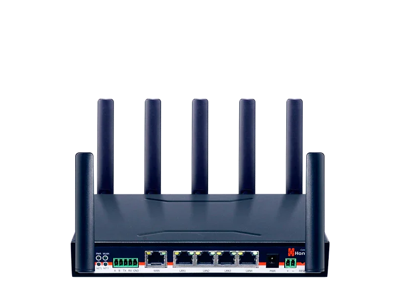 Hongdian industrial IoT router with five antennas, Ethernet ports, and branded logo front view