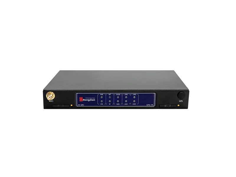 Hongdian industrial IoT router with front panel ports and LED indicators, black casing